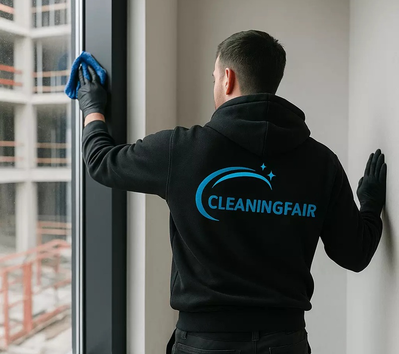 Mitarbeiter einer Reinigungsfirma putzt Fenster in einem modernen Gebäude für professionelle Gebäudereinigung.